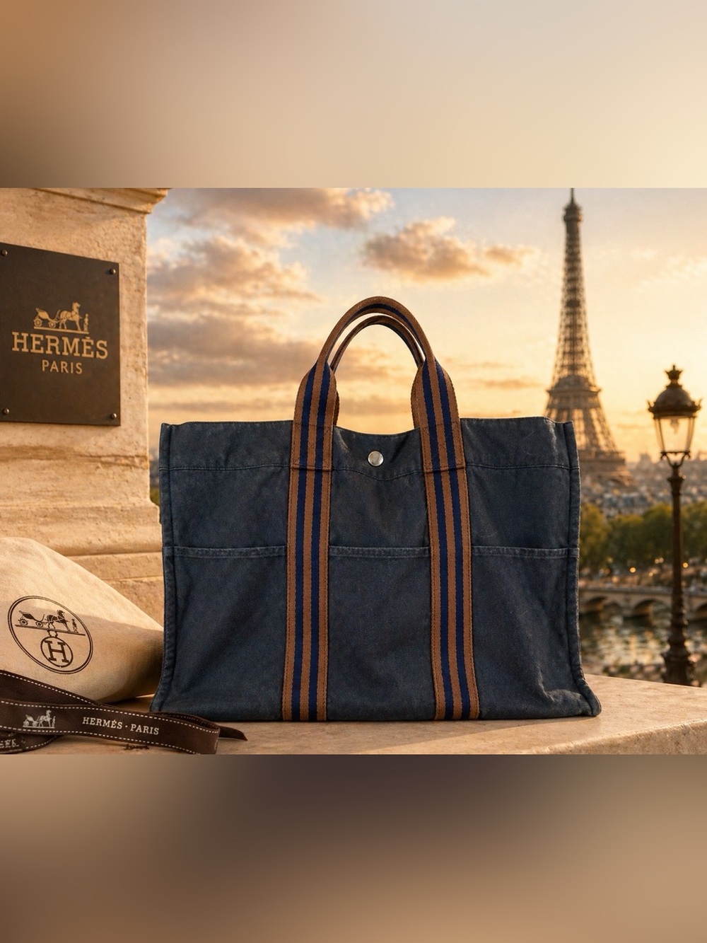 Hermès Paris Canvas Tote Bag – Navy/Brown with Striped Handles
